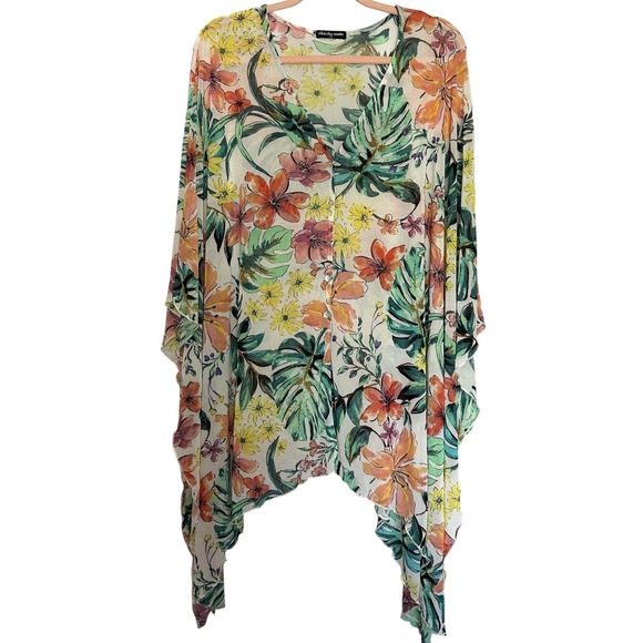 Cha Cha Vente Women's Swim Coverup 2X Tropical Green Coral Lightweight Sheer - Picture 1 of 5